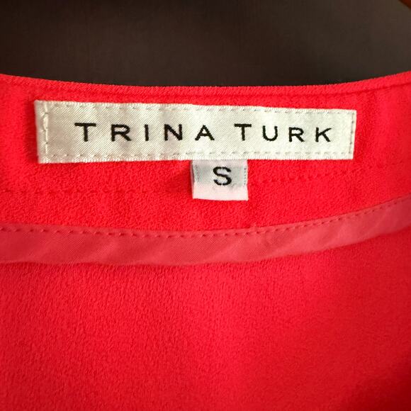 TRINA TURK | Hot Coral Split Neck Drop Hem Short Sleeve Top Neon | Size Small - Picture 3 of 8